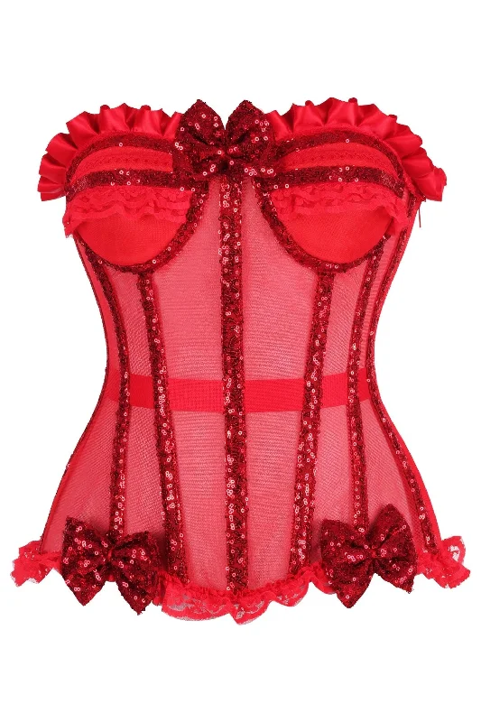 open-bust lace lingerie set-Top Drawer Steel Boned Red Sequin Underwire Bustier Corset