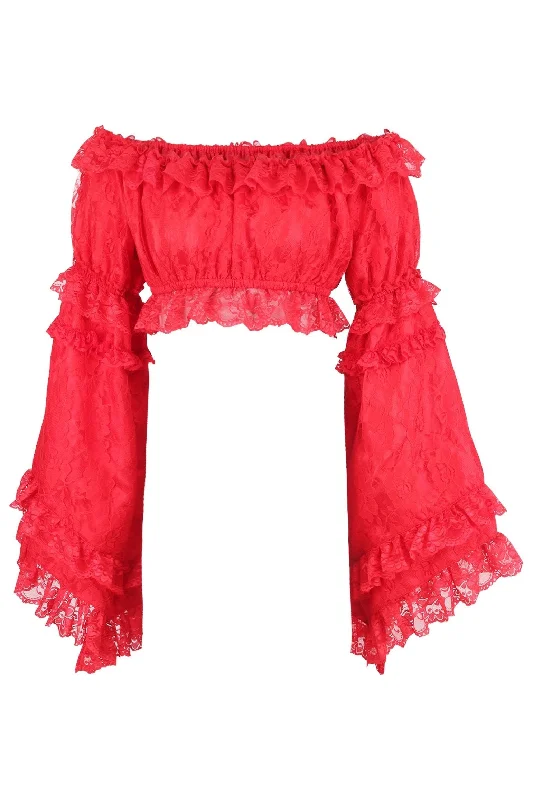 luxury lace nightwear-Red Lace Smocked Flare Sleeve Peasant Top