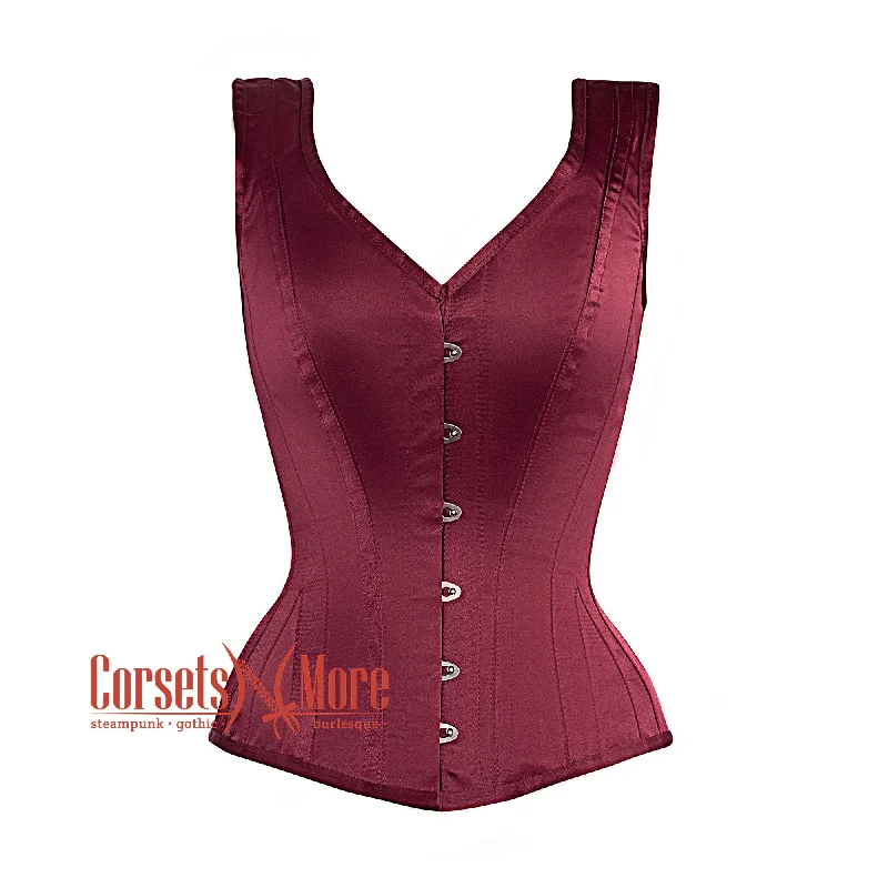 corset with studded twists-Plus Size Burgundy Satin Burlesque Gothic Overbust Corset  With Shoulder Strap Bustier Top