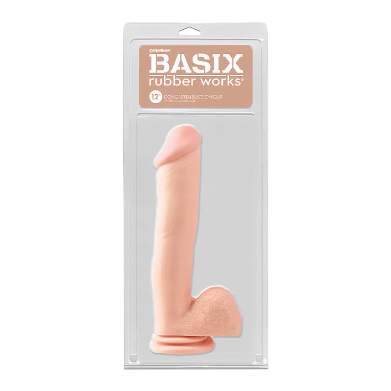 Disposable Masturbator Holder-Basix Rubber Works 12 in. Dong With Balls & Suction Cup Beige