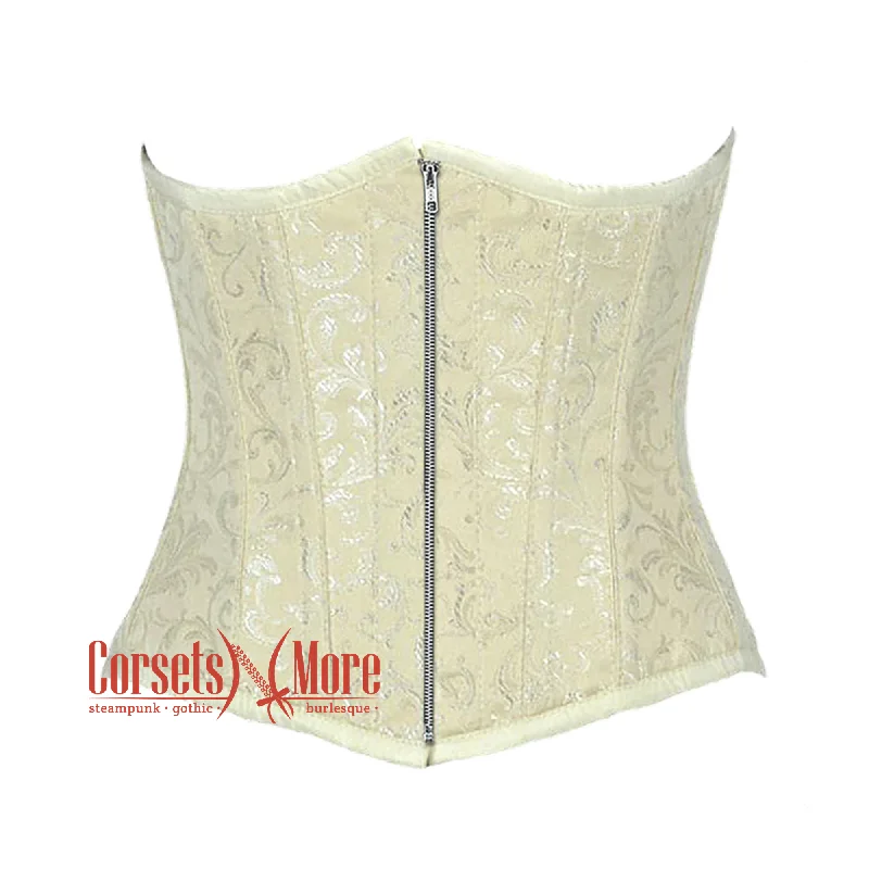 corset with embroidered folds-Plus Size Ivory Brocade Silver Zipper Gothic Burlesque Waist Training Underbust Corset Bustier Top