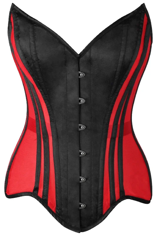 silky satin and lace lingerie set-Top Drawer Red Mesh & Black Satin Steel Boned Overbust Corset