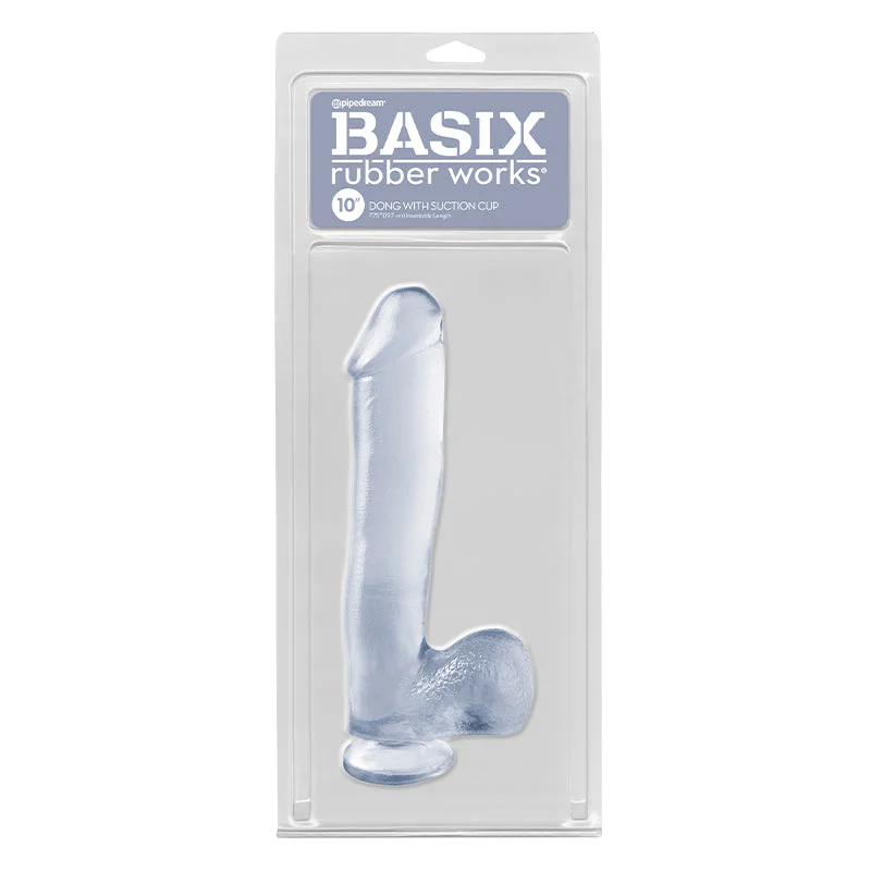 Adjustable Masturbator Device-Basix Rubber Works 10 in. Dong With Balls & Suction Cup Clear