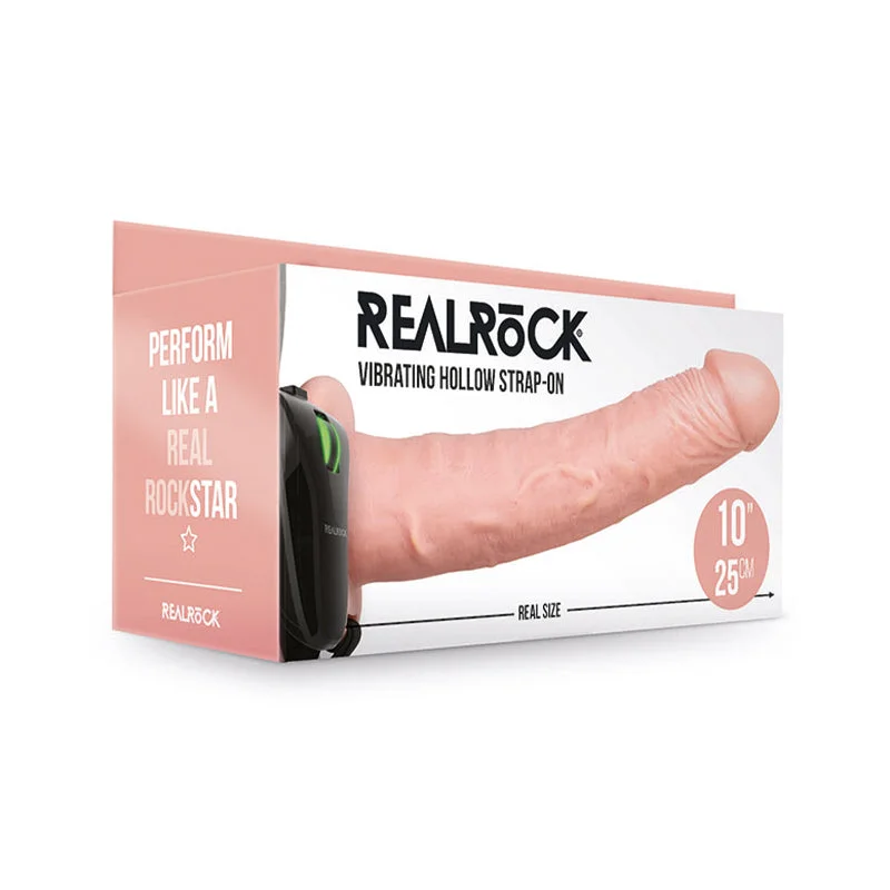 vibrating dildo for solo play with customizable speeds-RealRock Realistic 10 in. Vibrating Hollow Strap-On Beige