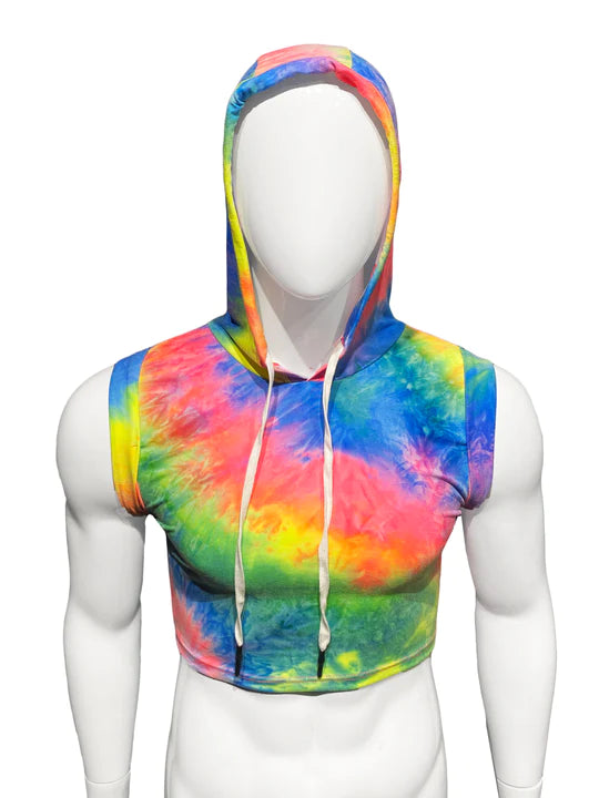 seductive satin lingerie for women-Rainbow Tie Dye Hooded Crop Tank