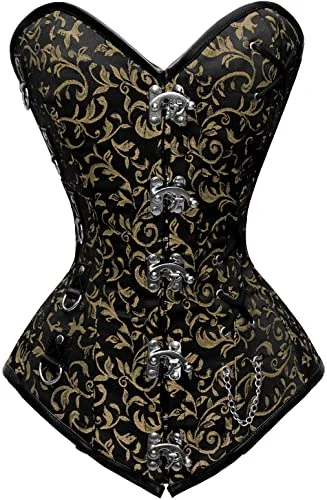 corset for vintage flows-Aneta Black Gold Brocade Steel Boned Overbust Corset