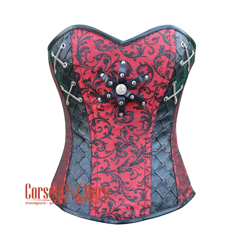 corset with ruched gathers-Plus Size Red and Black Brocade Steampunk Leather Gothic Costume Overbust Corset Top