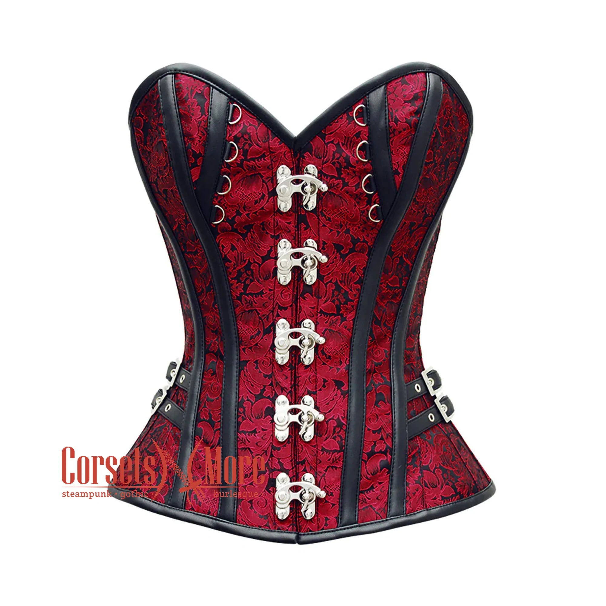 corset with glitter gathers-Plus Size Red And Black Brocade Steampunk Costume Gothic Corset Overbust Top