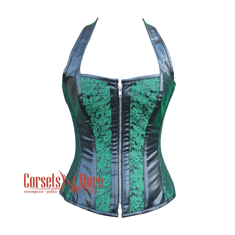 corset for vintage gathers-Plus Size Green And Black Brocade Leather Shoulder Strap Halloween Overbust Corset