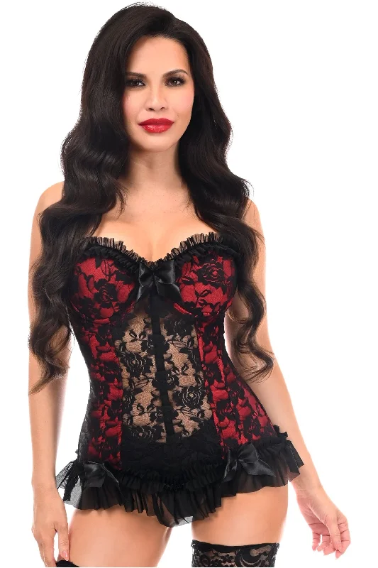 strapless sexy lingerie-Lavish Red w/Black Lace & Lycra Hook & Eye Stretch Bustier Corset