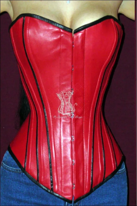 elegant lace lingerie for intimate wear-Leather Overbust Corset; Piping Series - Red with Black Piping