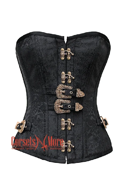 corset for vintage tiers-Plus Size Black Brocade Antique Buckles Gothic Costume Waist Training Bustier Overbust Corset Top