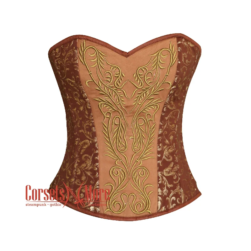 corset with satin cascades-Plus Size Brown And Gold Brocade Gothic Costume Overbust Bustier Top