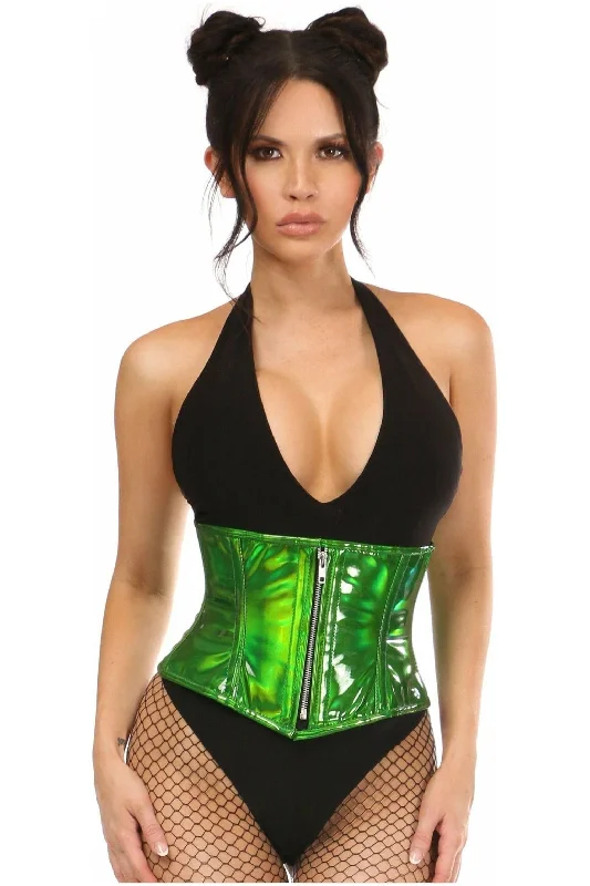 bridal lingerie with lace details-Top Drawer Green Holo Steel Boned Mini Cincher