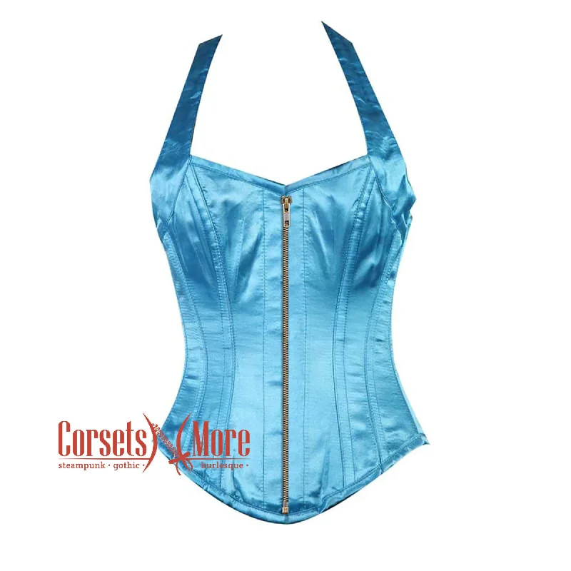 corset with halter levels-Plus Size Baby Blue Satin Halter Neck Shoulder Strap Burlesque Overbust Corset Bustier Top