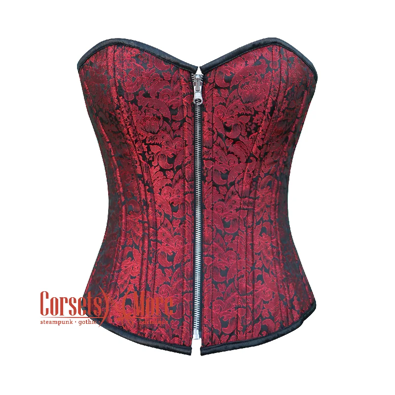 corset for costume swirls-Red Black Plus Size Brocade Reversible Corset Steampunk Zipper Halloween Overbust Top