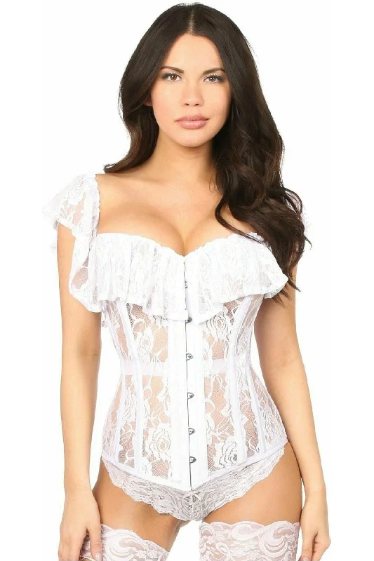 seductive lace and satin nightwear-Top Drawer White Sheer Lace Steel Boned Corset