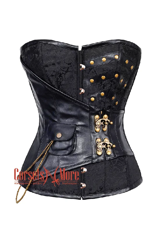 corset with halter folds-Plus Size Black Brocade Leather Steampunk Overbust Costume Corset