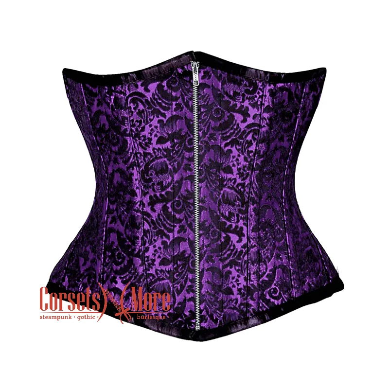 corset for evening waves-Plus Size Purple And Black Brocade Front Zip Steampunk Gothic Waist Training Underbust Corset Bustier Top