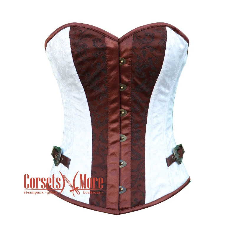 corset with embroidered curls-Plus Size Brown And White Brocade Burlesque Gothic Costume Overbust Corset Overbust Top