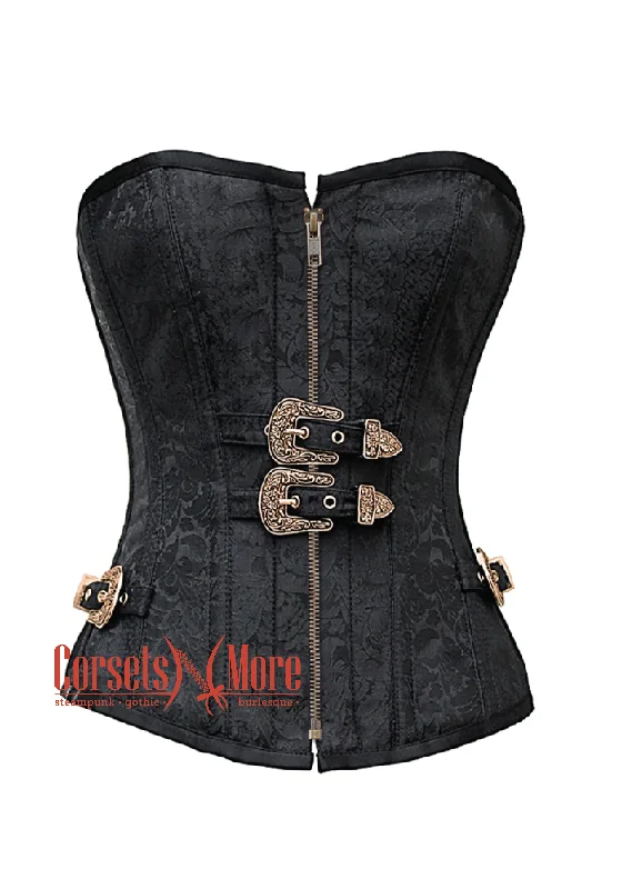 corset for burlesque flows-Plus Size Black Brocade Antique Zipper Gothic Costume Waist Training Bustier Overbust Corset Top