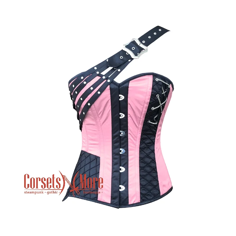 corset with metallic waves-Plus Size Pink And Black Satin Gothic Steampunk Costume Overbust Bustier Top