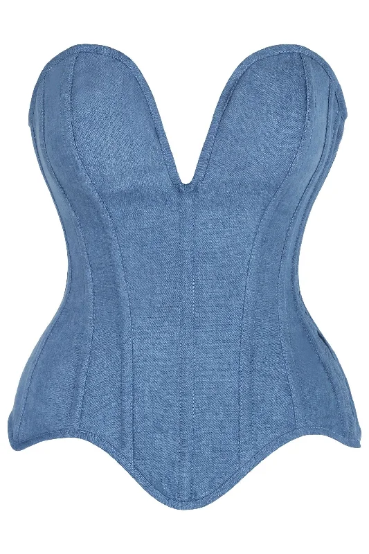 sexy lingerie with thong-Top Drawer Steel Boned Blue Denim Plunge Neckline Overbust Corset