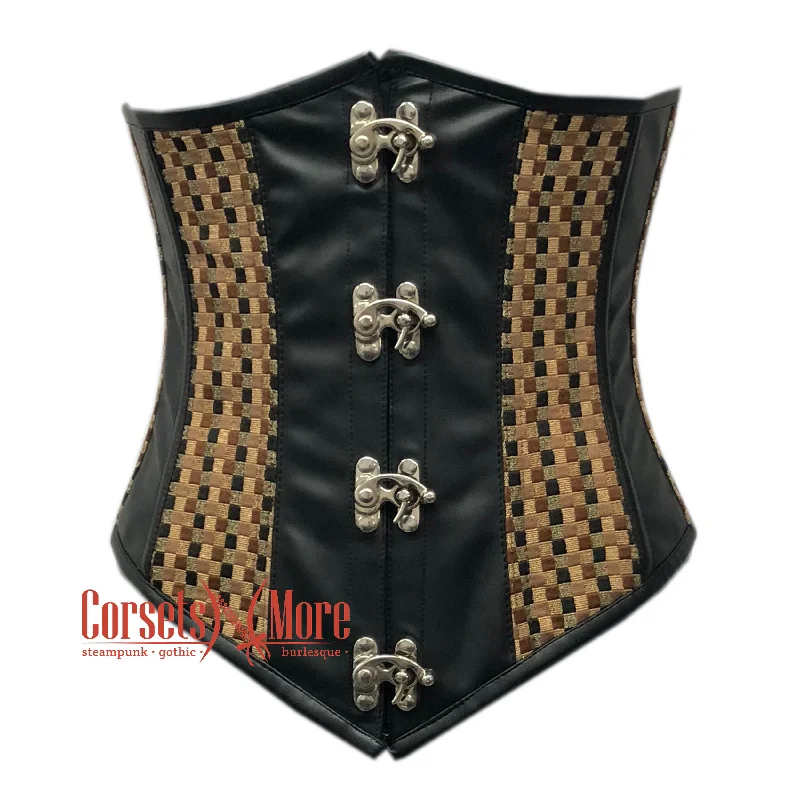 corset for steampunk twists-Plus Size Black Faux Leather With Brown Jute Steampunk Underbust Corset Heavy Duty Gothic Costume