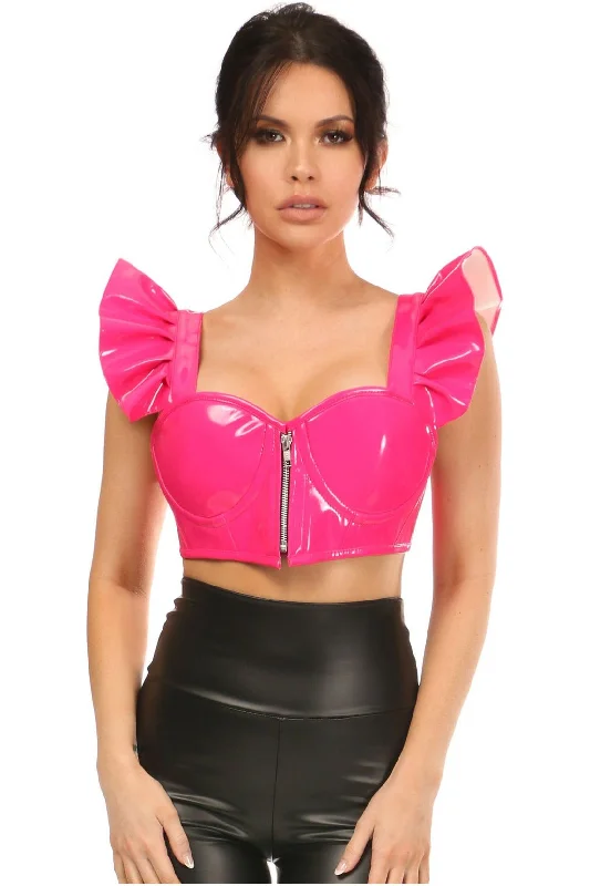 playful lingerie with garter belt-Lavish Hot Pink Patent Underwire Bustier Top w/Removable Ruffle Sleeves