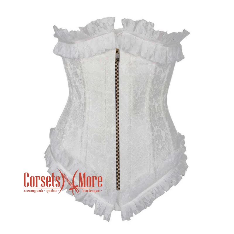 corset for costume folds-Plus Size White Brocade Antique Zipper Net Frill Design Gothic Waist Training Underbust Corset Bustier Top