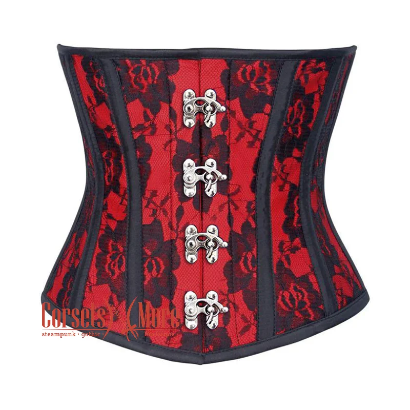 corset with scalloped cascades-Plus Size Red Satin Black Net Overlay Burlesque Gothic Underbust Waist Training Corset