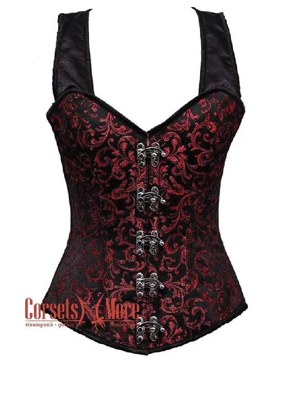 corset with bold flows-Plus Size Red and Black Brocade With Shoulder Straps with Bronze Clasps Overbust Corset