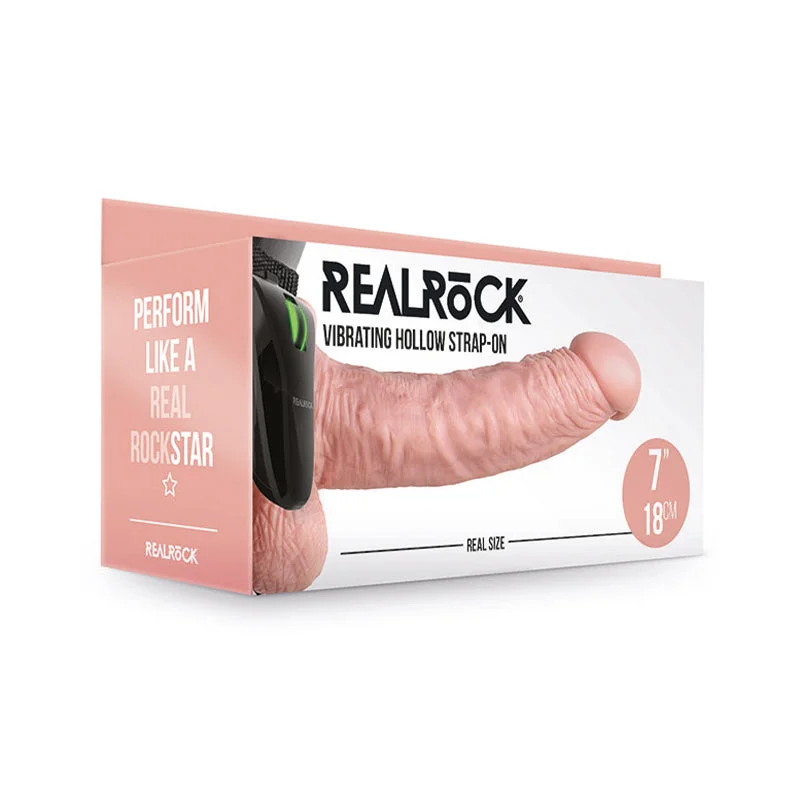 rechargeable vibrating love egg for couples with remote control-RealRock Realistic 7 in. Vibrating Hollow Strap-On With Balls Beige