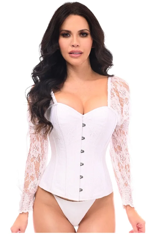 sexy nightwear lingerie-Top Drawer White w/White Lace Steel Boned Long Sleeve Corset