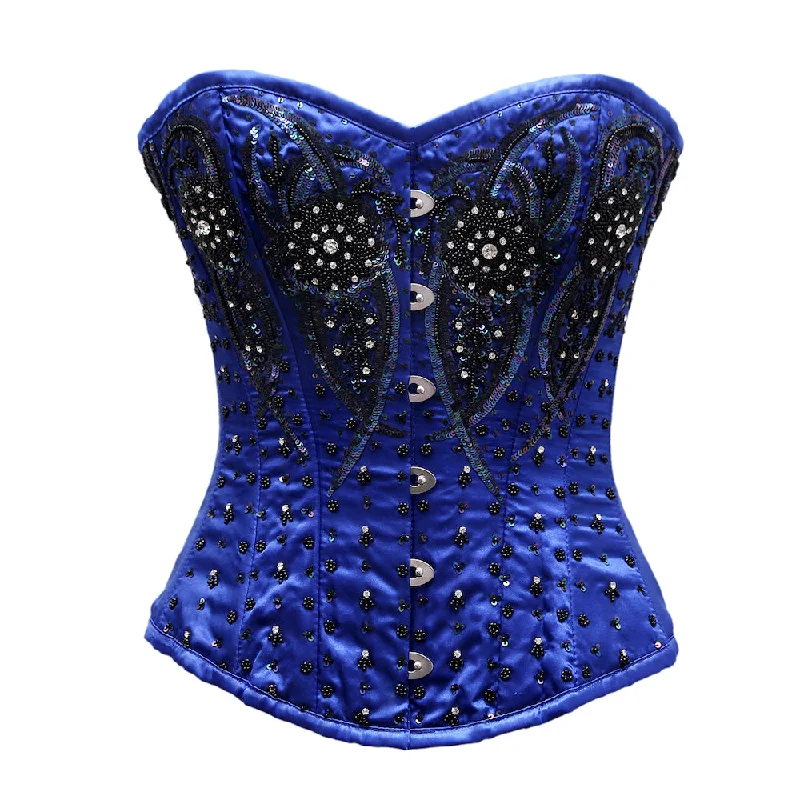 corset for club folds-Fortner Blue Satin Satin Embroidery Overbust Corset