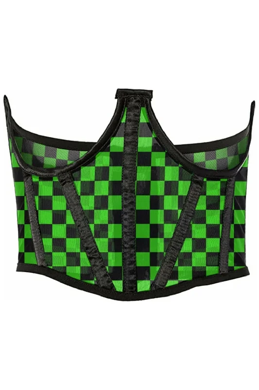 black lace corset lingerie-Lavish Neon Green/Black Checker Print Mesh Open Cup Waist Cincher