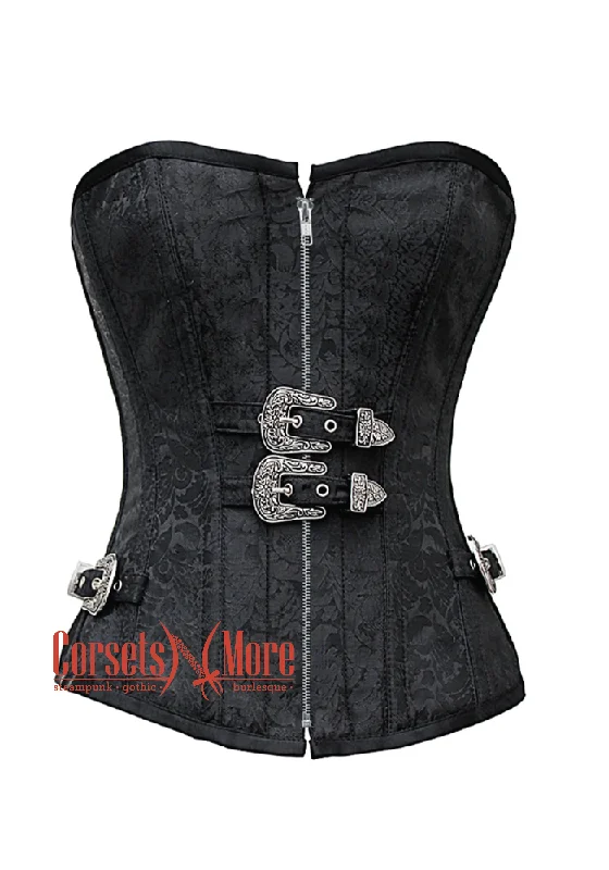 corset for evening tiers-Plus Size Black Brocade Silver Zipper Gothic Costume Waist Training Bustier Overbust Corset Top