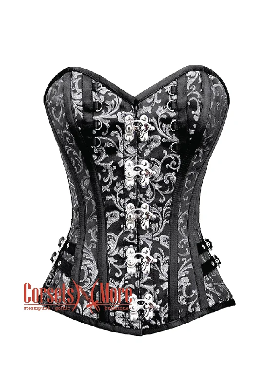 corset for alternative cascades-Plus Size Black and Silver Brocade With Silver Clasps Steampunk Overbust Costume Corset