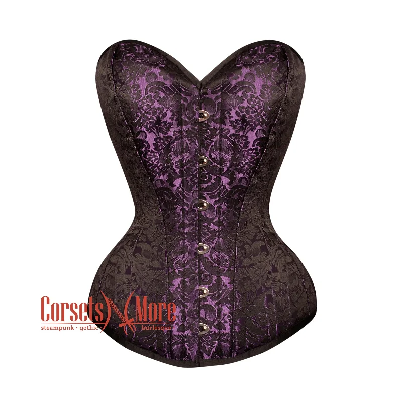 corset with sheer twists-Plus Size Black And Purple Brocade Burlesque Gothic Overbust Corset Bustier Top