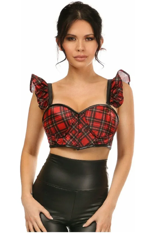 plus size teddy lingerie set-Lavish Red Plaid Underwire Bustier Top w/Removable Ruffle Sleeves