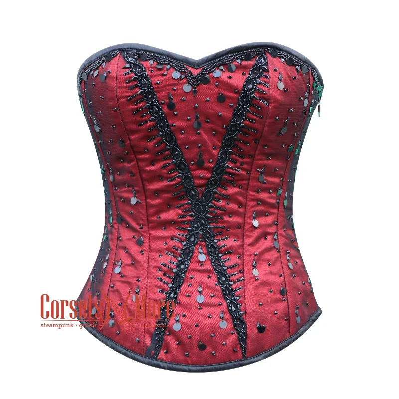 corset with side folds-Plus Size Red Satin With Black Sequins Burlesque Gothic Overbust Corset Bustier Top