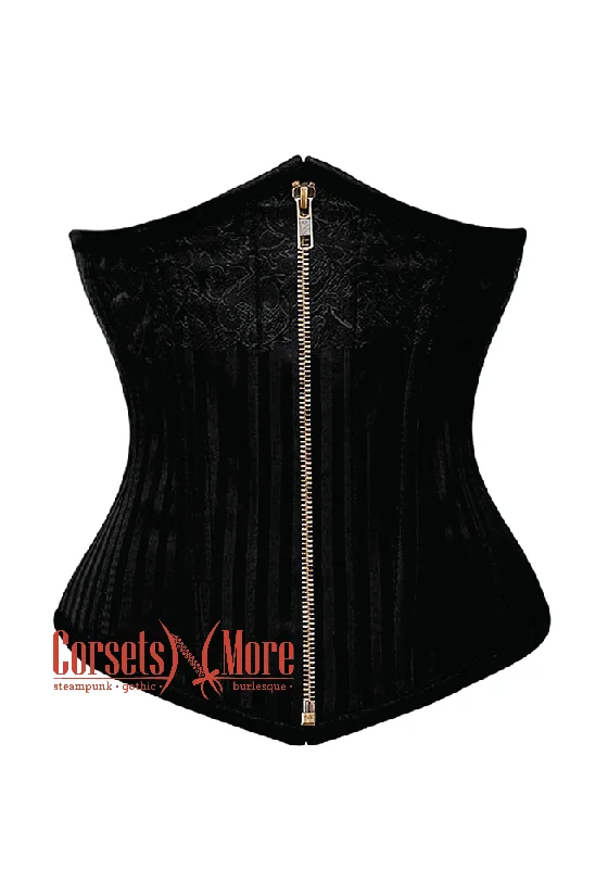 corset for fashion folds-Plus Size Black Brocade With Front Zipper Gothic Burlesque Underbust Corset