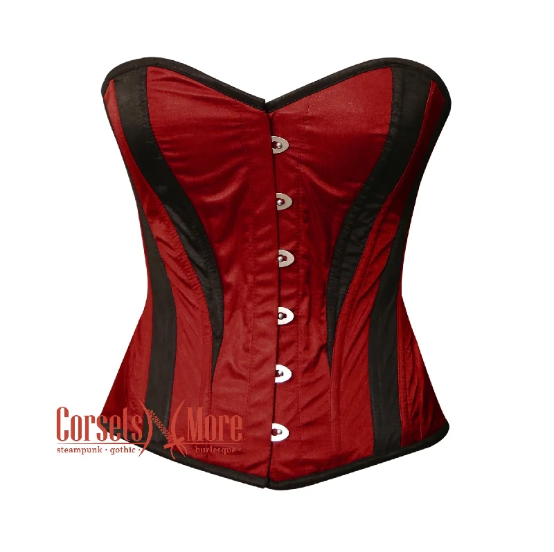 corset with lace waves-Plus Size Burgundy and Black Satin Burlesque Costume Overbust Corset Top