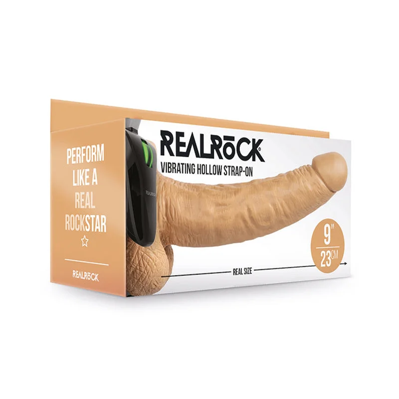 powerful vibrating prostate massager with adjustable settings-RealRock Realistic 9 in. Vibrating Hollow Strap-On With Balls Tan