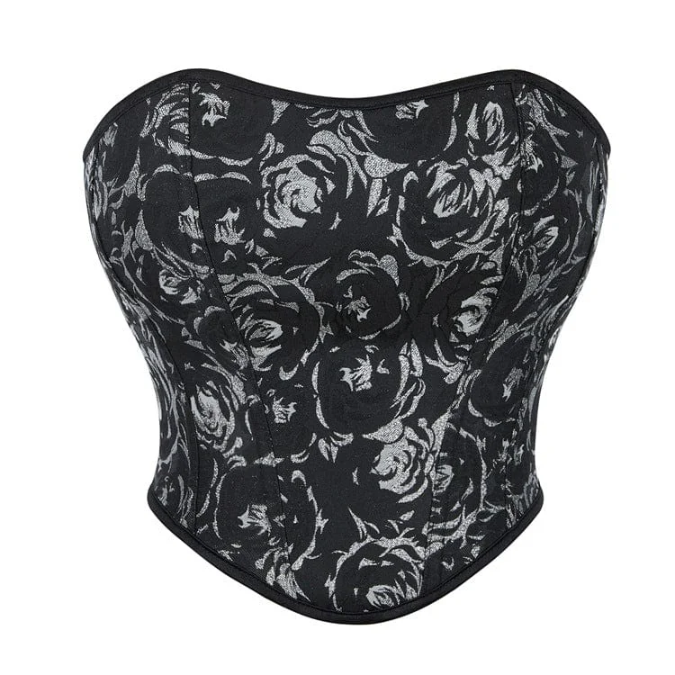 sexy silk lingerie for special occasions-Women's Gothic Black Rose Printed Overbust Corsets