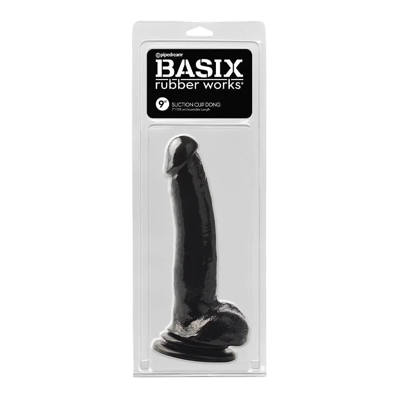 Versatile Masturbator Sleeve-Basix Rubber Works 9 in. Suction Cup Dong With Balls Black