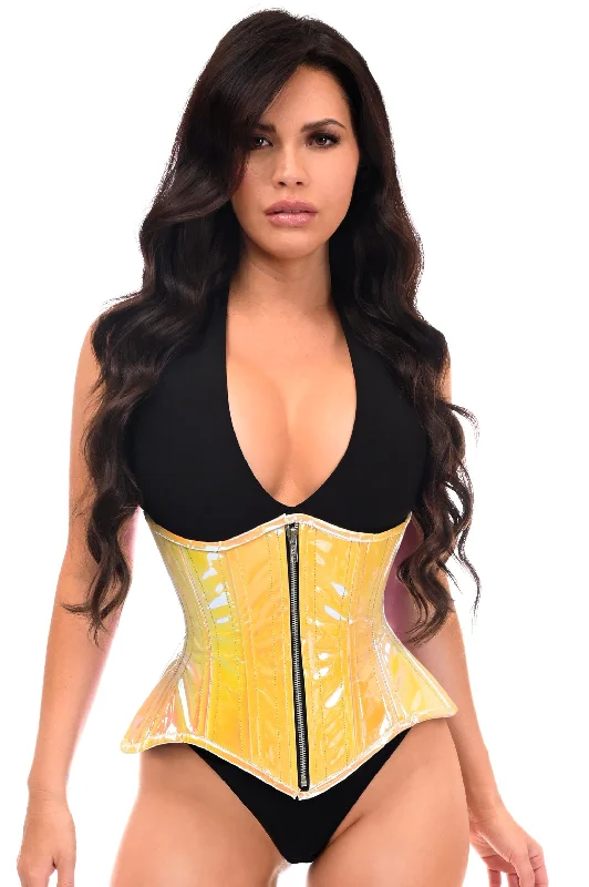 sexy mesh lingerie-Top Drawer Yellow/Pink Holo Double Steel Boned Underbust Waist Cincher Corset