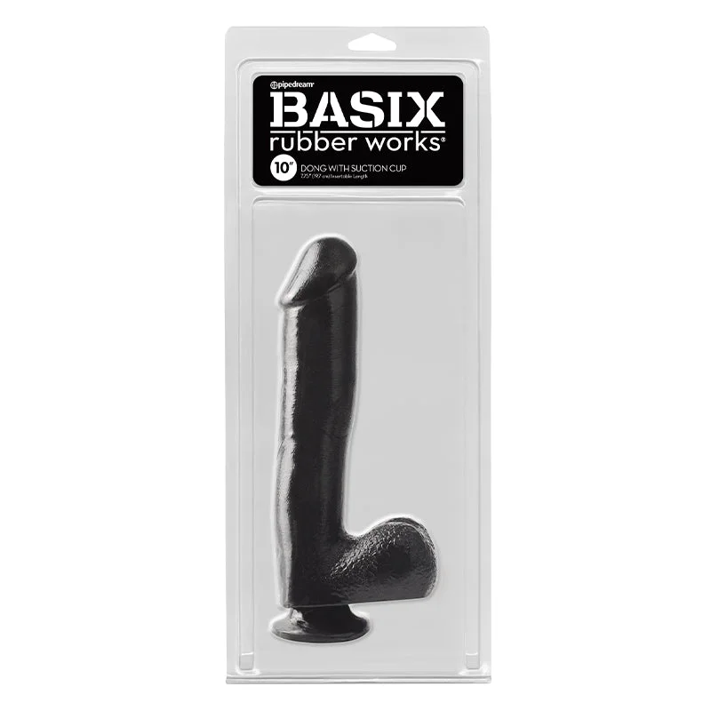 Beginner Masturbator Sleeve-Basix Rubber Works 10 in. Dong With Balls & Suction Cup Black