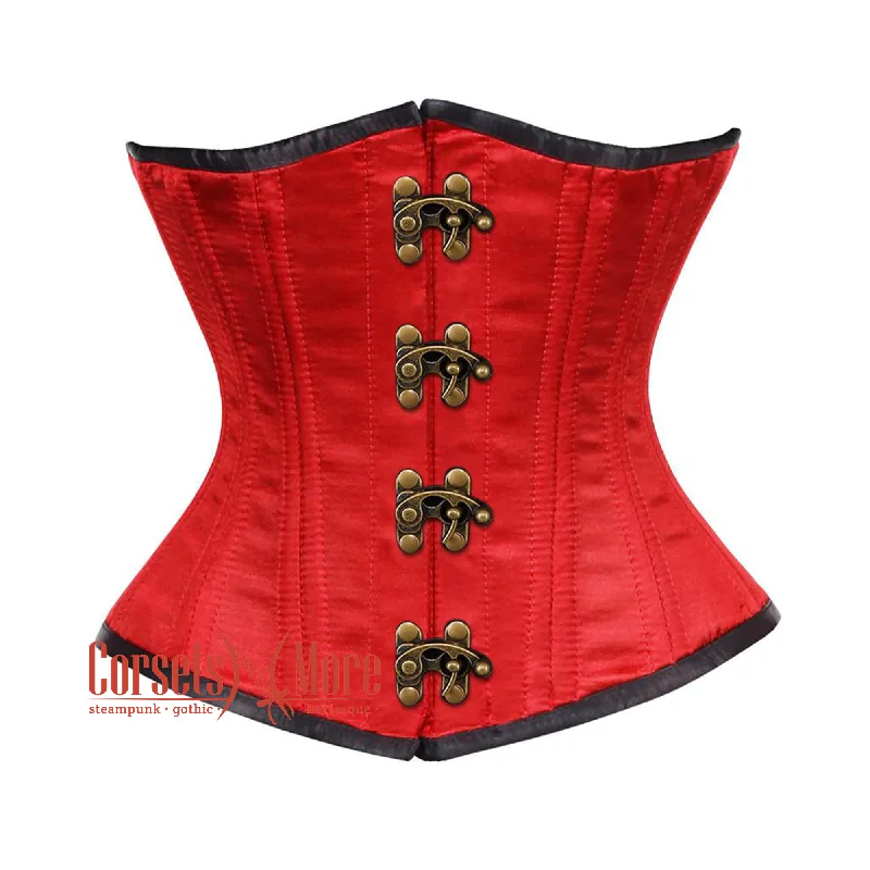 corset with embroidered levels-Plus Size Red Satin Double Bone Front Antique Clasps Gothic Waist Training Underbust Corset Bustier Top