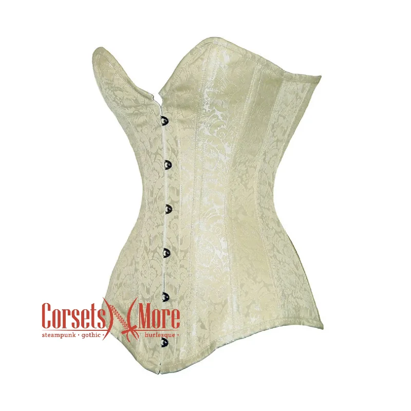 corset for historical levels-Plus Size Ivory Brocade Gothic Burlesque Waist Training Overbust Corset Bustier Top